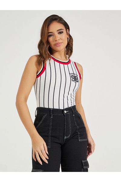 Styli Striped Rib Neck Sleeveless Bodysuit with Logo Detail