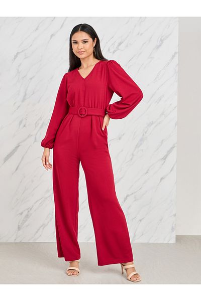 Styli Textured Knit Belted Wide Leg Jumpsuit