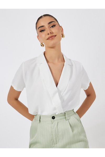 Styli Mock Wrap Bodysuit with Notch Lapel