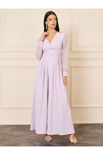 Styli Organza Sleeves Pleated Detail Wide Leg Tailored Jumpsuit