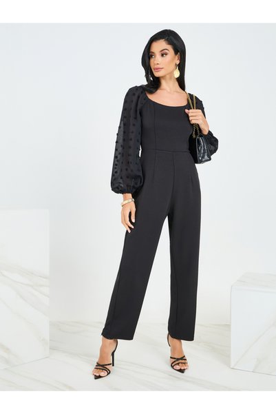 Styli Straight Leg Ponte Jumpsuit with Dobby Volume Sleeves
