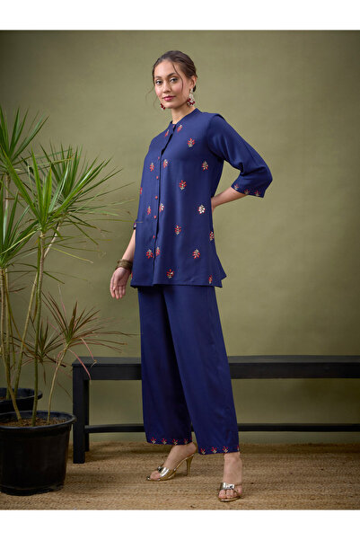 Sassafras By Styli Floral Embroidered Front Shirt & Wide Leg Pants Co-Ord