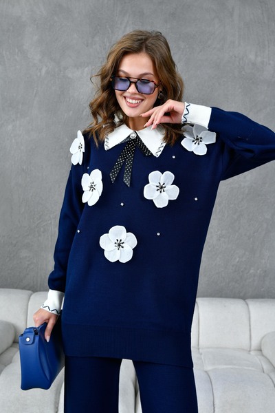 Miss Allos Women's Flower and Stone Decorated Bow Ribbon Detailed Knitwear Sweater and Trousers Set