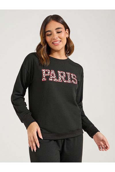 Styli Leopard Paris Slogan Sweatshirt & Jogger Lounge Set