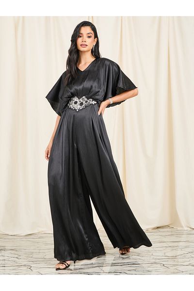 Styli Embellished Waist V Neck Wide Leg Jumpsuit