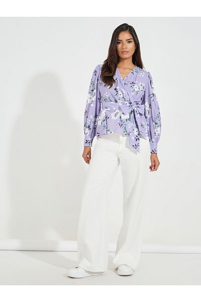 Styli Floral Print Wrap Top with Volume Cuffed Sleeves