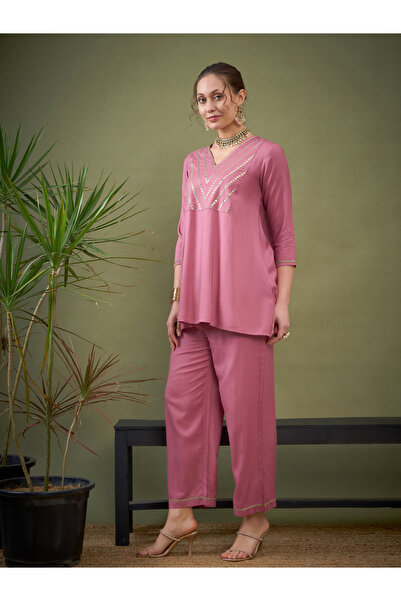 Sassafras By Styli Embroidered V Neck A-Line Top & Wide Leg Pants Co-Ord