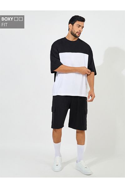 Styli Color Block Heavy Cotton Jersey T-Shirt & Cargo Shorts Co-Ords