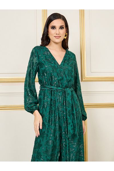 Styli Burnout Lurex Texture Wide Leg Jumpsuit with Self Tie Up