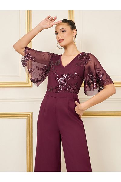 Styli Sequin Detail Mesh Insert Wide Leg Jumpsuit
