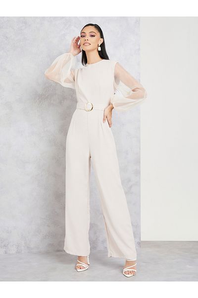 Styli Organza Sleeves Belted Wide Leg Jumpsuit