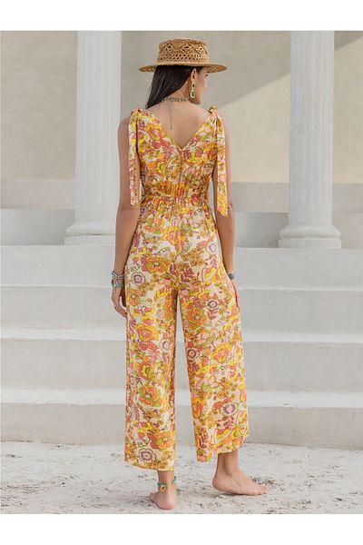 Russty Dustty By Styli Floral Print Wide Leg Lace Detail Jumpsuit
