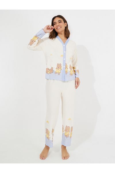 Take Two By Styli Ayı Desenli Düğmeli Yaka Gömlek ve Pijama Takımı