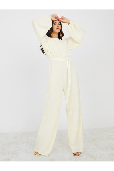 Styli Wide Leg Plisse Jumpsuit with Tie Belt