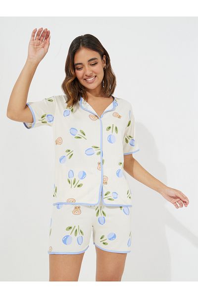 Take Two By Styli Floral Bunny Print Shirt & Shorts Set