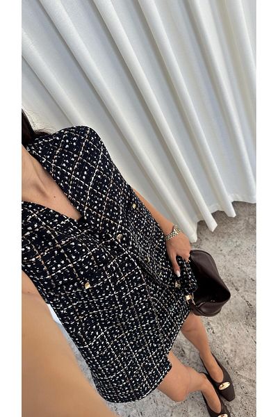 HAZELANNA Navy Blue Premium Tweed Skirt-Vest Set