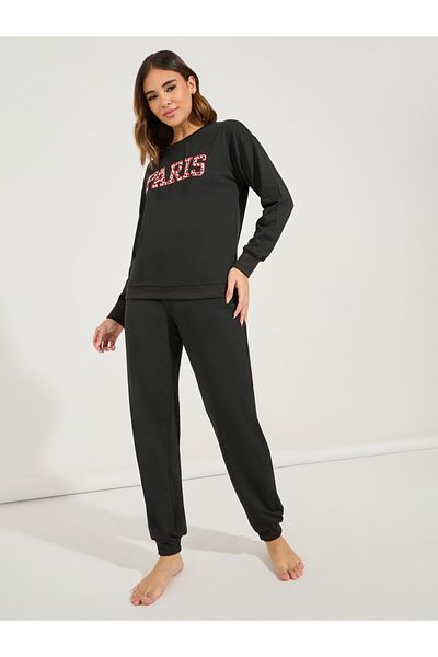 Styli Leopard Paris Slogan Sweatshirt & Jogger Lounge Set