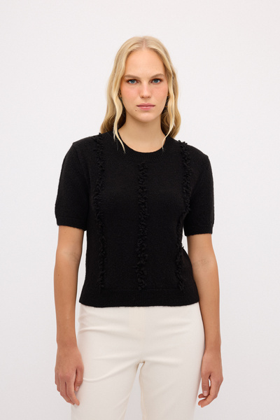 adL Püskül Detaylı Kısa Kol Triko Kazak Siyah 13944485000