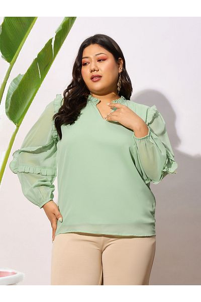 Sassafras By Styli Plus Top with Notch Neck and Ruffle Sleeve Detail