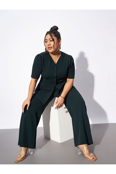 Sassafras By Styli Plus Front Button V Neck Top & Pants Co-Ords