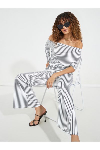 Causey By Styli Striped Off Shoulder Top & Flared Pants Co-Ords