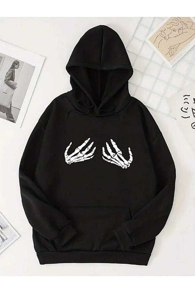 HEAVEN WEAR Hanorac negru cu glugă cu imprimeu schelet personalizat