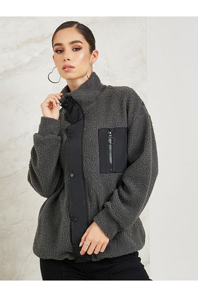 Styli Regular Fit Fleece Jacket With Zip Pocket