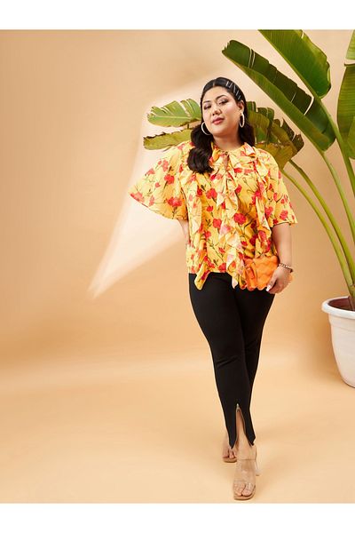 Sassafras By Styli Plus Floral Print Top with Tie-Up Neck and Ruffled Detail
