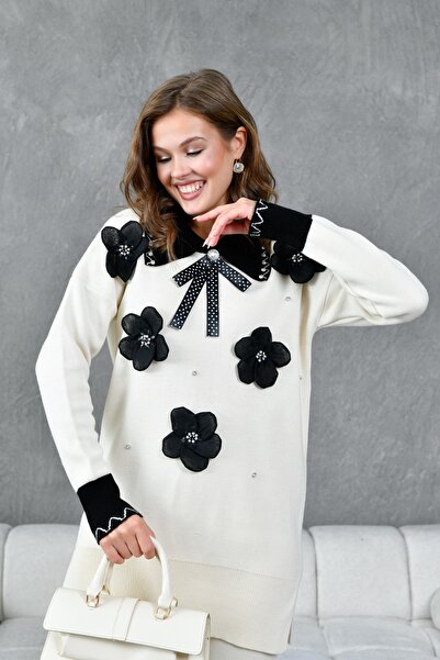 Miss Allos Women's Flower and Stone Decorated Bow Ribbon Detailed Knitwear Sweater and Trousers Set