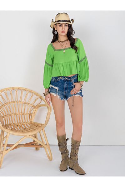 Russty Dustty By Styli Square Neck Lace Detail Top with Volume Sleeves