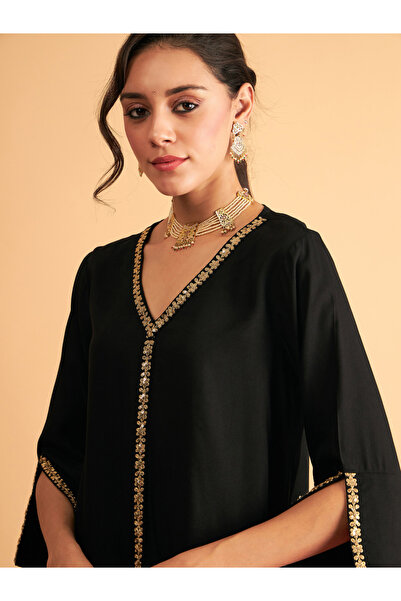 Sassafras By Styli Embroidered Trim A Line Longline Top and Straight Pant Sets