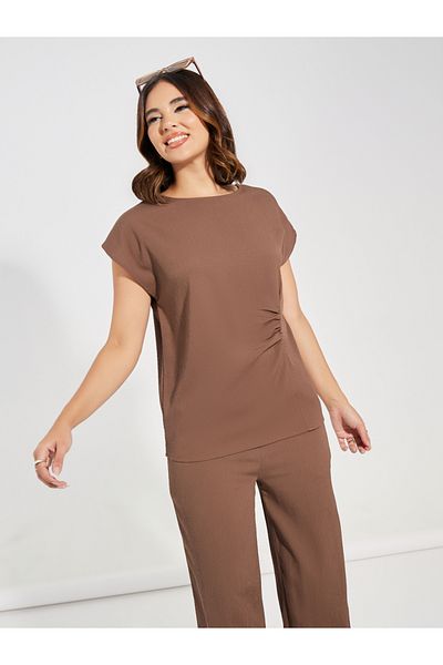 Styli Side Ruched Cap Sleeves Top & Straight Leg Pants Co-Ords