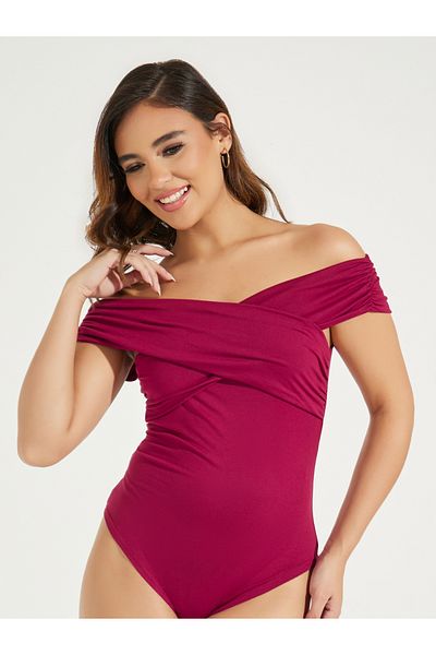 Styli Solid Off Shoulder Bodysuit with Wrap Detail