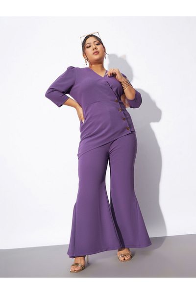 Sassafras By Styli Plus V Neck Wrap Top & Kick Pleat Pants Co-Ords