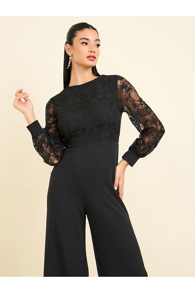 Styli Lace Detail Sleeves Wide Leg Jumpsuit