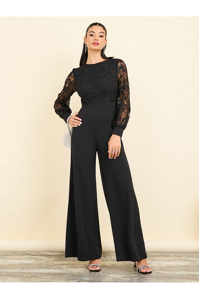 Styli Lace Detail Sleeves Wide Leg Jumpsuit