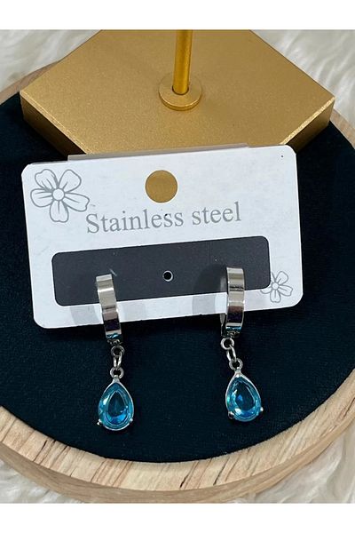 YASİN TOPÇU Steel Silver Blue Beads Dangle Earrings