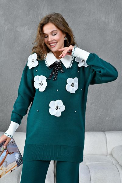 Miss Allos Women's Flower and Stone Decorated Bow Ribbon Detailed Knitwear Sweater and Trousers Set