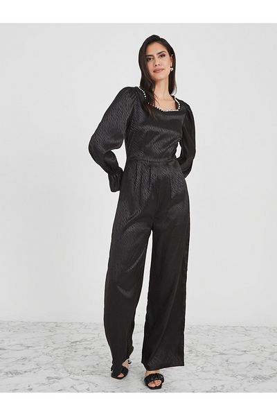 Styli Faux Pearl Detail Wide Leg Satin Jacquard Jumpsuit