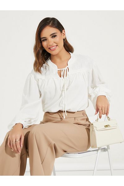 Styli Embroidery Detail Tie-Up Neck Blouse