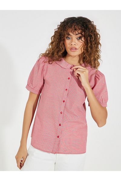 Styli Gingham Relaxed Fit Shirt with Puff Sleeves