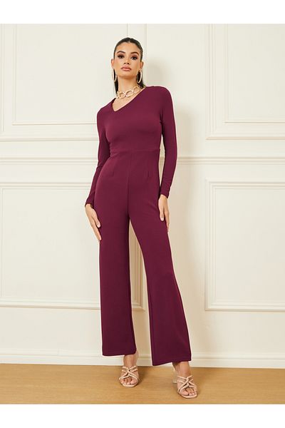 Styli Textured Knit Asymmetric Neck Straight Leg Jumpsuit