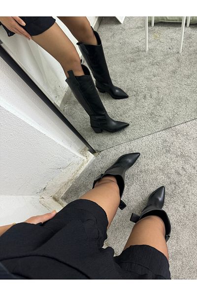 MYVOLANTE Cizme de cowboy de damă din piele naturală neagră