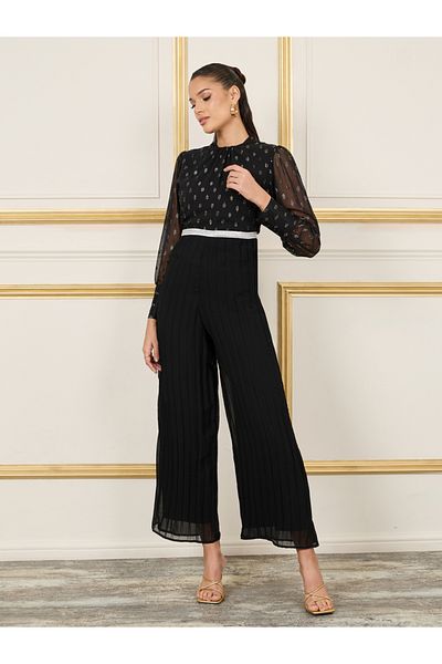 Styli Lurex Dobby Pleated Wide Leg Jumpsuit