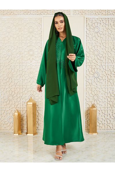 Anthrilo By Styli Bead Embellished Satin Abaya