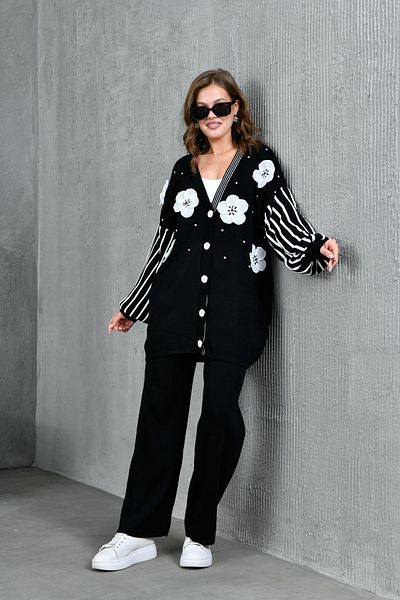 Miss Allos Women's Front Flower and Stone Decorated Sleeves Striped Knitwear Cardigan and Trousers Set