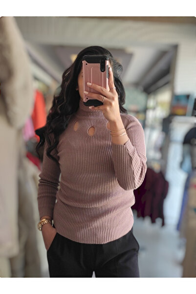 Sublime Butik Kadın Toz Mor Delik Detaylı Slim Fit Kazak