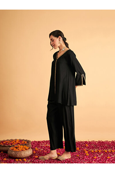 Sassafras By Styli Embroidered Trim A Line Longline Top and Straight Pant Sets