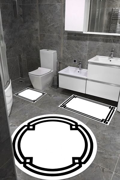 CENTER AVM Απορροφητικό υφασμάτινο χαλάκι μπάνιου με σφουγγάρι που πλένεται στο πλυντήριο Τριπλό Λευκό Μαύρο Σετ μπάνιου