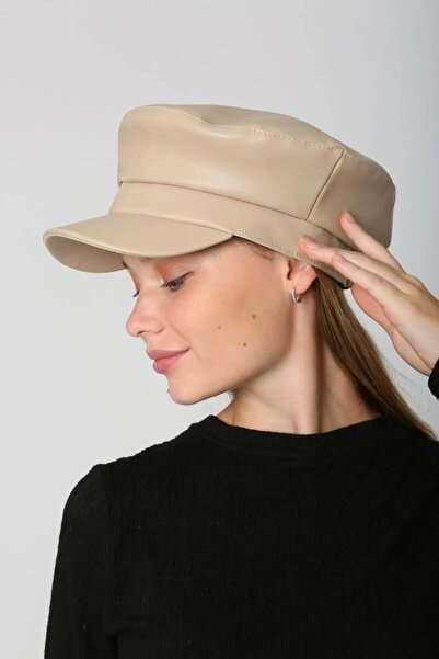 REMSA Beige Women's Leather Captain Sailor Hat - Rkş-09